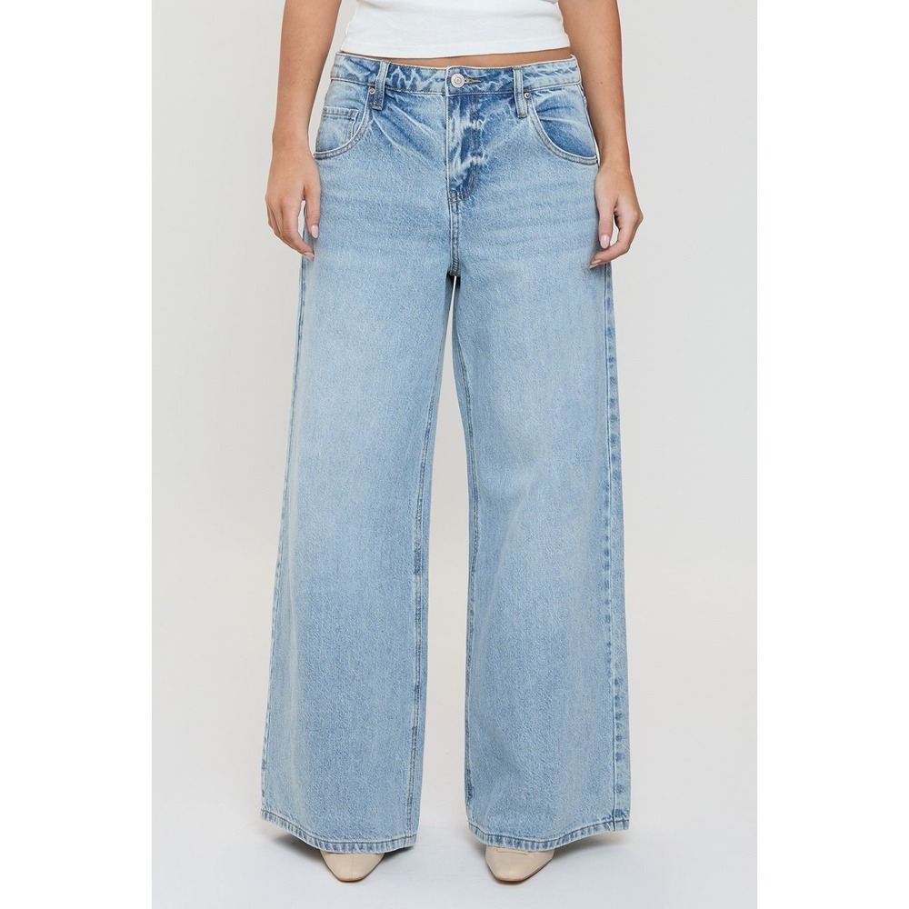 YMI Women Juniors Billie Baggy Wide Leg Faded Blue Denim Jeans Low Hip NEW